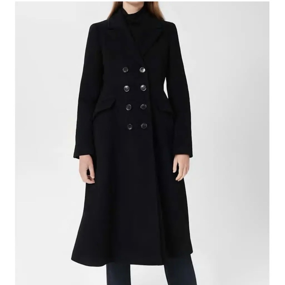 Hobbs London Sophisticated Black Double-Breasted Wool Women's Trench Coat US 6